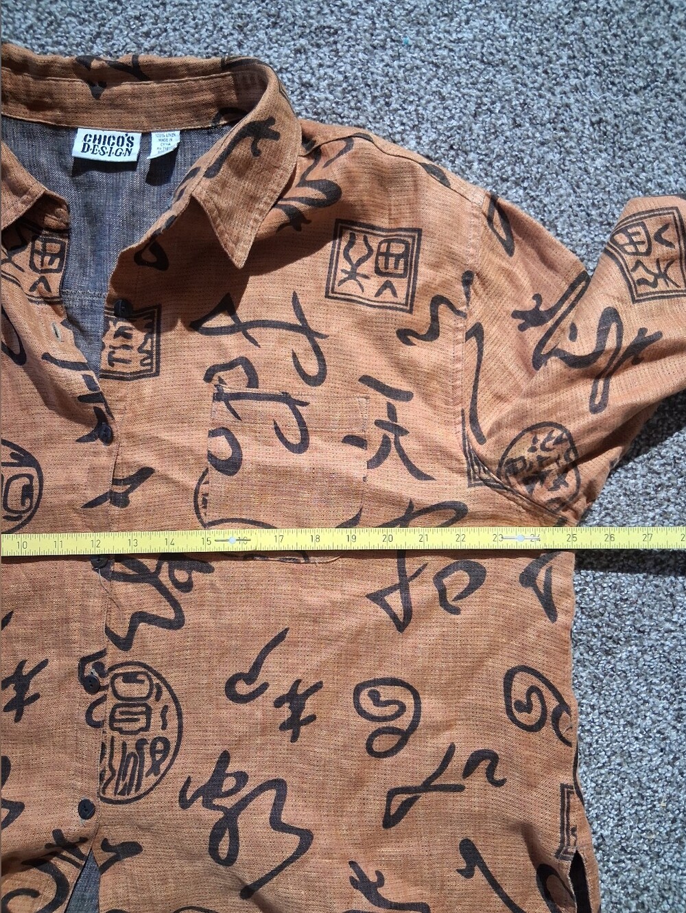 Rust-Brown Printed Linen Button-Up Blouse - Picture 6 of 8